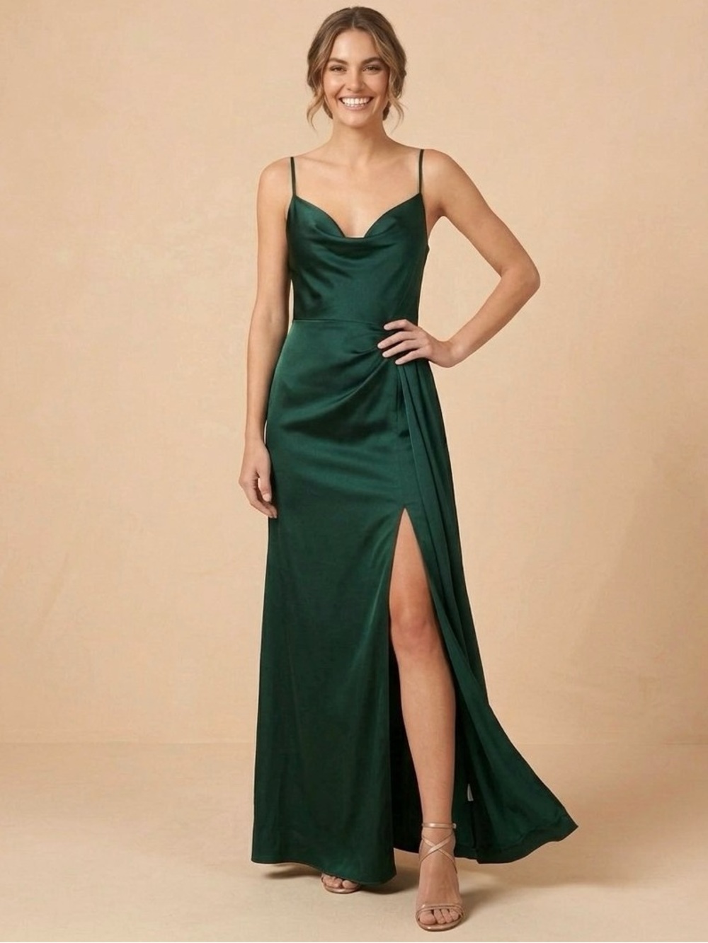 Dessy Collection Cowl-Neck Draped Wrap Maxi Front Slit Dress Evergreen,SZ 0, NWT - Picture 5 of 12